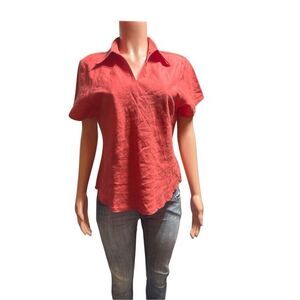 Sun Moda Women's orange Linen short sleeve collar V-neck top M